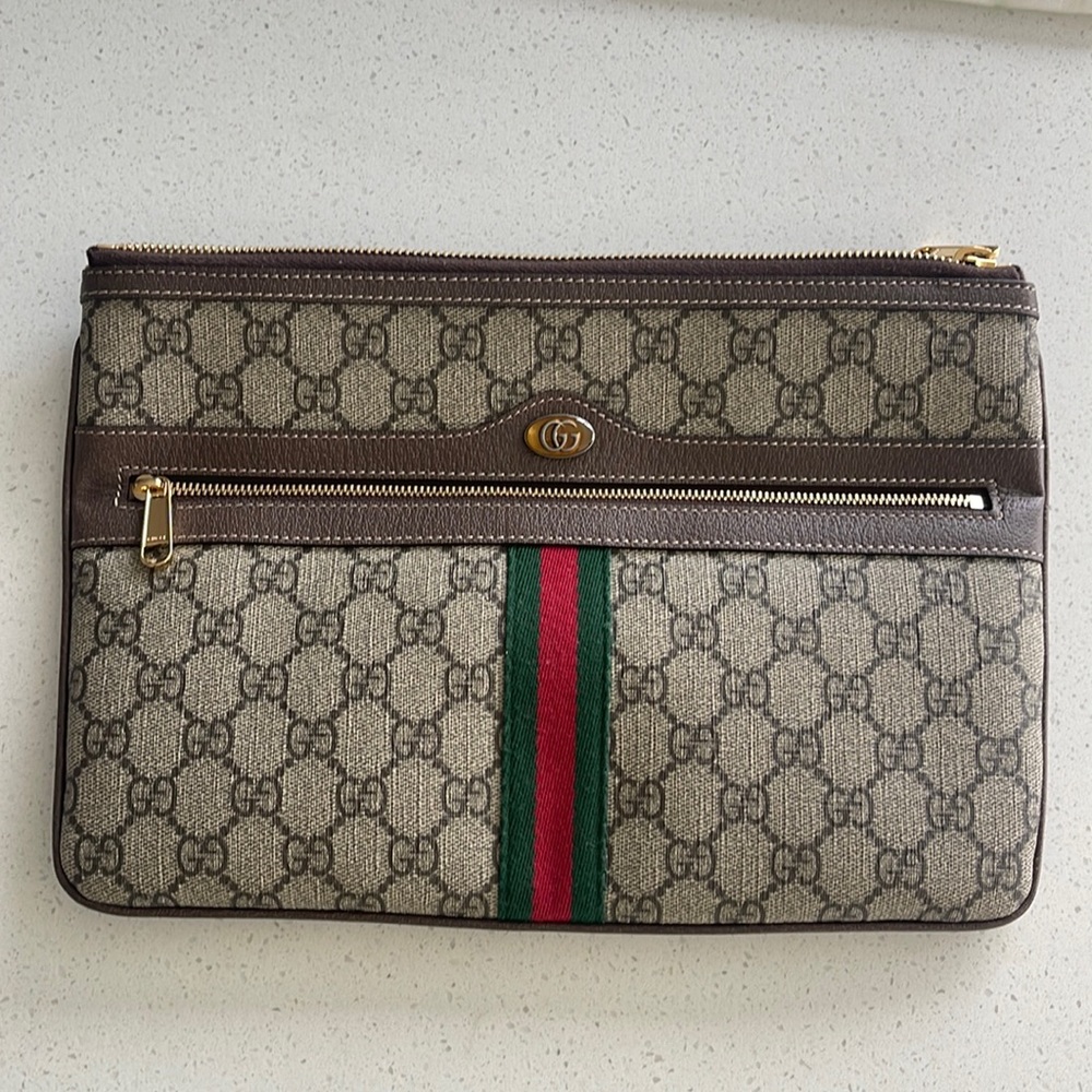 Gucci Ophidia Zip Pouch GG Coated Canvas Large Brown